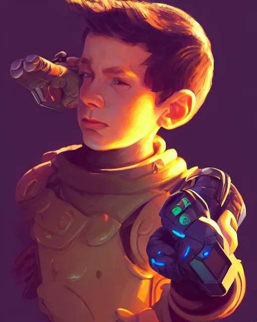 Prompt: a tiny boy with a huge power glove, bust shot, smooth, intricate, elegant, power aura, digital painting, artstation, concept art, sharp focus, illustration, art by justin gerard and josan gonzalez, high contrast