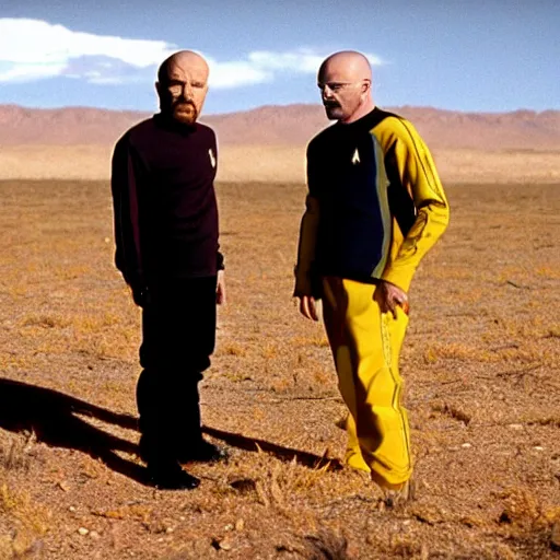 Image similar to walter white and jesse pinkman in star trek, still from star trek