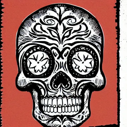 Image similar to “ sugar skull woodcut by mc escher and hp lovecraft ”