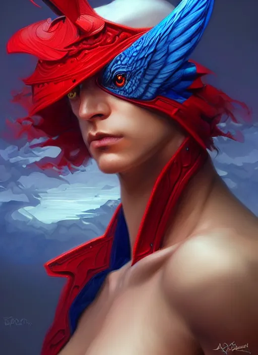 Image similar to portrait of aggressive pigeon humanoid, d & d, muscular! blue and red, fantasy, intricate, elegant, highly detailed, digital painting, artstation, concept art, smooth, sharp focus, illustration, art by artgerm and greg rutkowski and alphonse mucha