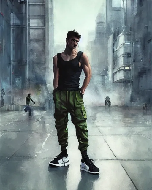 Prompt: battle hardened, overpowering, pragmatic, charismatic character male handsome muscular acronym pants and nike air force 1 sneakers, portrait, confident, modern cityscape, outdoors, architecture, fog, sunny, volumetric lighting, illustration, perfectly shaded, greenish tinge, cold lights soft painting, art by krenz cushart and wenjun lin