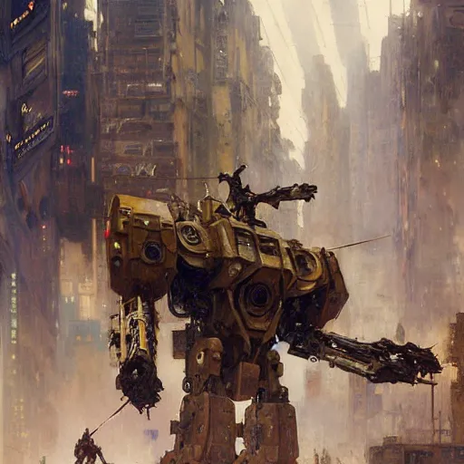 Image similar to six meters tall mech fighting in an urban environment, epic action scene, by gaston bussiere craig mullins jc leyendecker gustav klimt artgerm greg rutkowski john berkey, bergey, craig mullins, ruan jia, raymond swanland, jeremy mann, tom lovell, alex malveda, ray casting, hdr