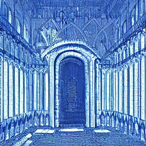 Prompt: ruins of a medieval throne room with all seats replaced by people encased in crystaline prisons, illuminated in blue light by a large crystal, perspective from the entrance, eerie ambience, handdrawn