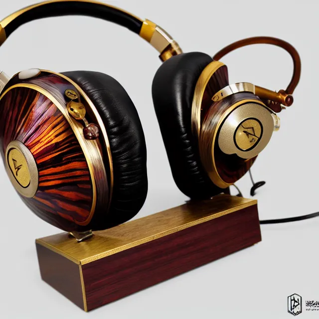 Image similar to masterpiece photo of beautiful hand crafted artistic exquisite metal headphones, bismuth rainbow metal, bismuth cups, plush leather pads, displayed on mahogany desk, modernist headphones, bismuth beautiful well designed, hyperrealistic, audiophile, intricate hyper detail, extreme high quality, photographic, audeze, sennheiser, bang olufsen, abyssal