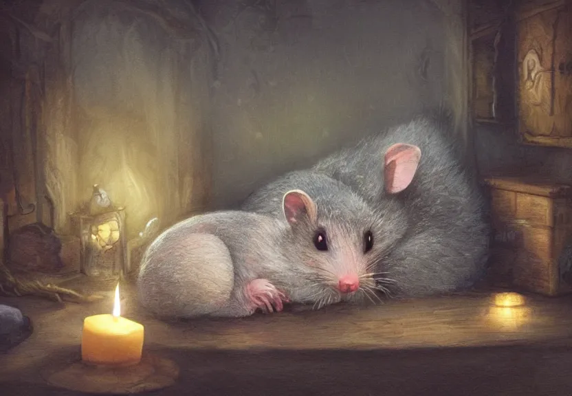 Prompt: cute possum sleeping inside a bed in a dark medieval cluttered cottage at night under the dim light of a candle, dark fantasy, dreaming illusion, trending on artstation