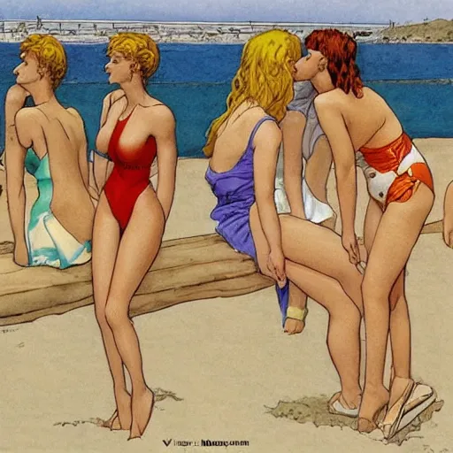 Image similar to women at beach by Milo Manara,