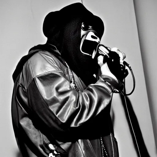 Image similar to rapper emcee mf doom screaming on the mic because the microphone is not working.