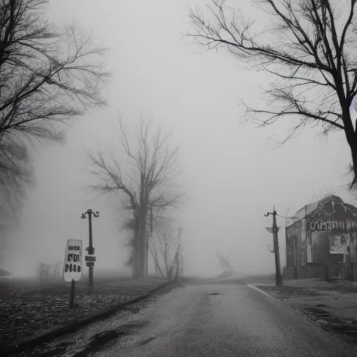 Image similar to creepy town covered in heavy fog with monsters