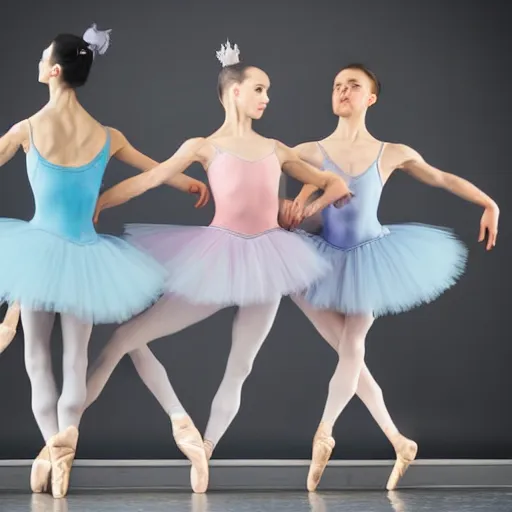 Prompt: four ballet dancers contortion zoom in, pastel colors,dance photography, ultradetailed,forshortening