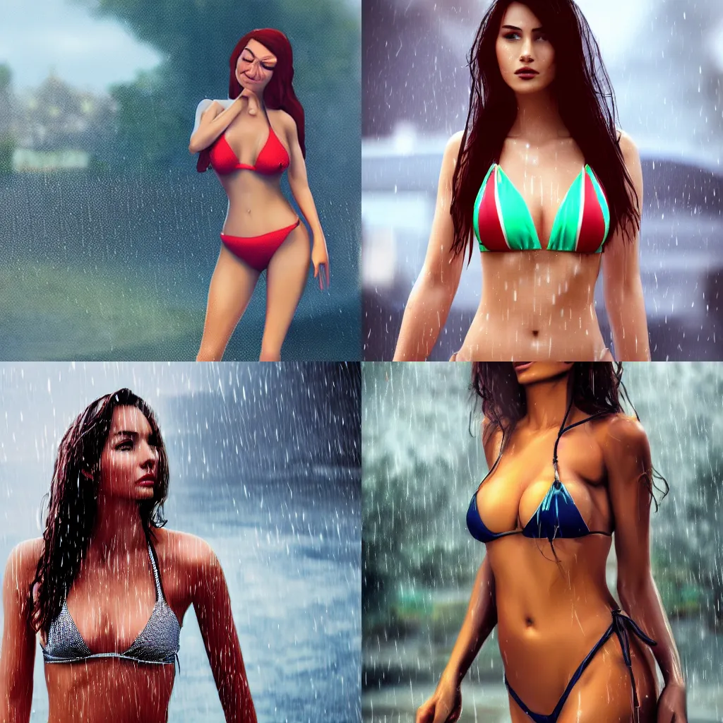 Prompt: a beautiful woman in a bikini standing in the rain, 4k, trending on artstation