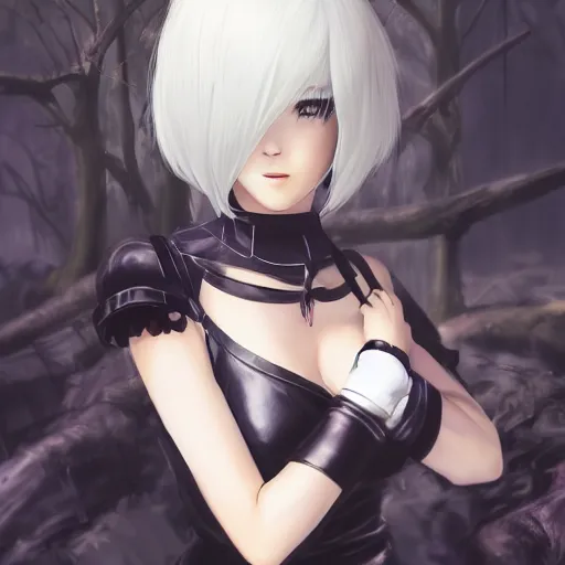 Prompt: beautiful portrait of 2B from nier automata, forest, junkyard, pretty, semi realistic anime, hyper detailed, 8k, DeviantArt, Instagram, Behance, Artstation, trending on artstation, Pixiv, Pixiv daily ranking, art of silverfox, Yee Chong Silverfox, Sydney Hanson, Mickael Lelièvre, Jaeyeon Nam, derevschikova, Elina Karimova