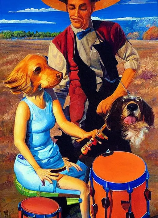 Image similar to dog playing drums, looking at a girl, large scale painting by robert mccall and vladimir kush