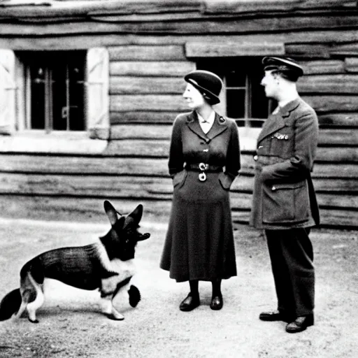 Image similar to 1 9 4 6 historical photo 1 3 5 mm of a single german general and a young queen elizabeth, a cute corgi watches, french village interior, highly detailed, sharp focus, symmetrical face