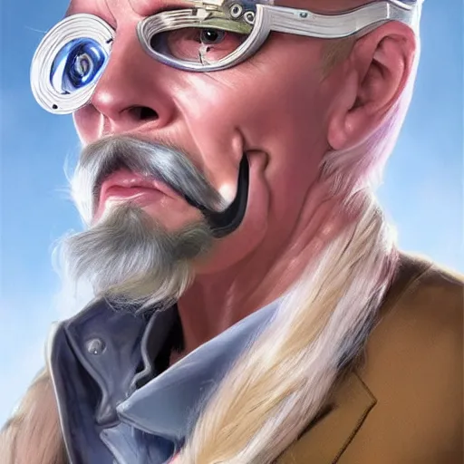 Image similar to 6 0 - year - old charles elmer rip taylor jr as a cyborg, blonde wig, handlebar moustache, portrait, western, steampunk, pink duster, fantasy, intricate, elegant, highly detailed, digital painting, artstation, concept art, sharp focus, illustration, art by artgerm and greg rutkowski and alphonse mucha