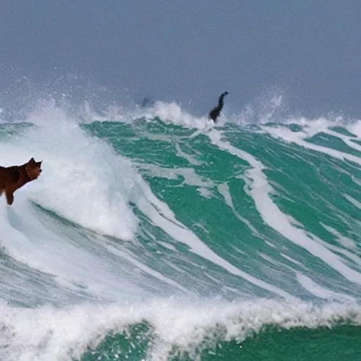 Image similar to cat nonchalantly surfs a gnarly wave,