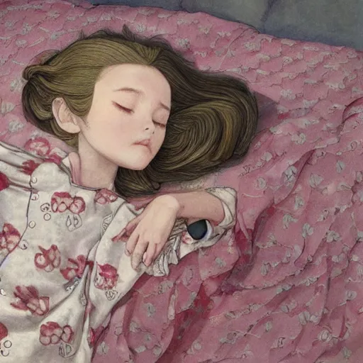 Prompt: little girl in pajama sleeping. digital artwork by ayami kojima, inspired by pixar movies and balthus, highly detailed, realistic