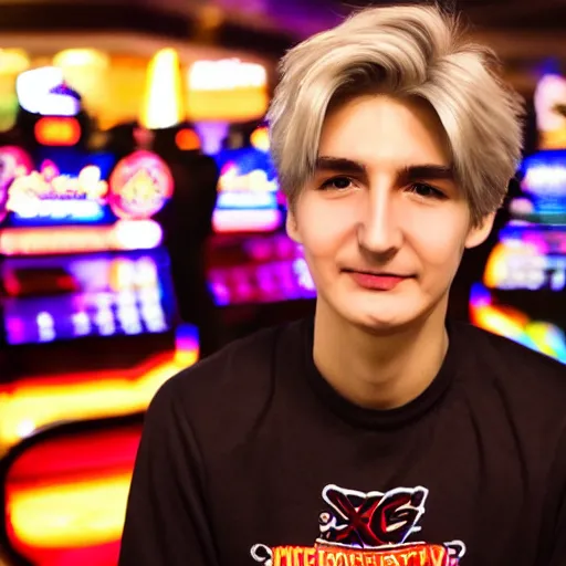 Image similar to handsome xqc gambling : : realistic : : 1 dslr : : 1 - - quality 2