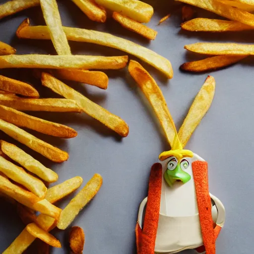 Image similar to photo of [ a single salted french fry chip ] shaped like that looks like stephen fry as a pixar character hybrid intercross mix cinematic lighting