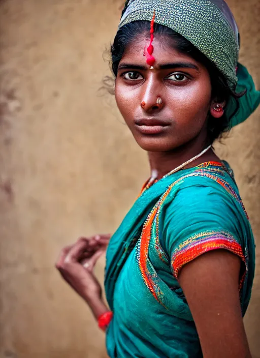 Prompt: Mid-shot portrait of a beautiful 20-year-old woman from India in her traditional get-up, candid street portrait in the style of Martin Schoeller award winning, Sony a7R