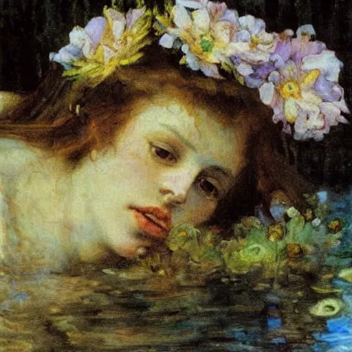 Prompt: Ophelia in water with flowers, by Mikhail Vrubel, oil painting, art gallery, art museum, small details, hyperrealism