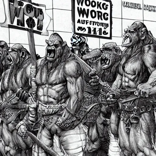 Image similar to orcs standing outside of a Walmart, protesting the working conditions, High detail, 1998