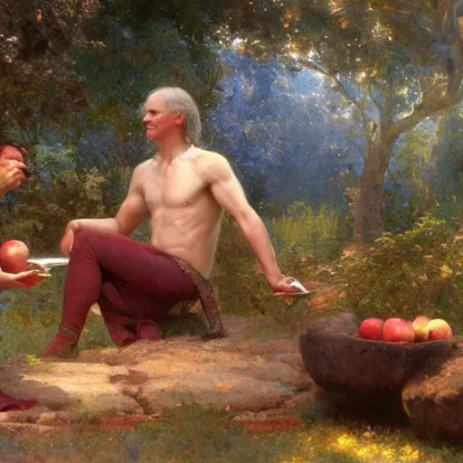 Image similar to isaac newton offering a half eaten apple to steve jobs in the garden of eden, artwork by gaston bussiere, craig mullins, trending on artstation