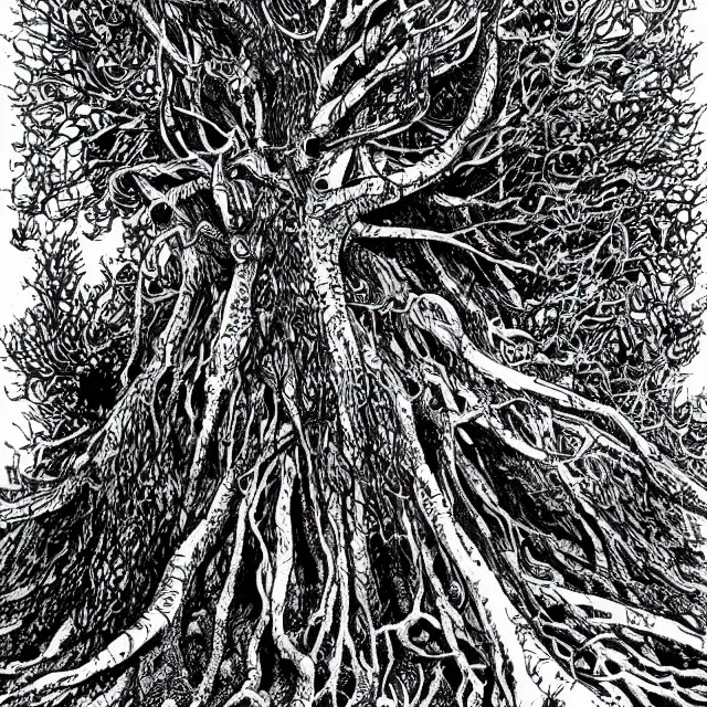 Image similar to black micron pen illustration, The Hag Tree by Ian Miller, white background, artstation