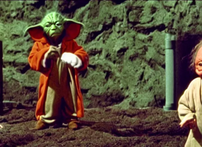 Prompt: a film still of yoda as an oompa loompa inwilly wonka and the chocolate factory 1 9 7 1