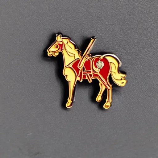 Prompt: enamel pin war horse, detailed horse armor on horseback horse dressed in armor