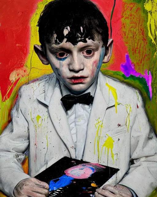 Image similar to portrait of a child piano player in tuxedo painted by vincent lefevre and hernan bas and pablo amaringo and pat steir and hilma af klint, psychological, photorealistic, dripping paint, washy brush, rendered in octane, altermodern, masterpiece