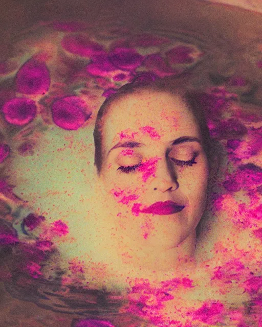 Prompt: oversaturated, burned, light leak, expired film, photo of a woman's serene face submerged in a flowery milkbath, rippling effect, light splotches, vintage glow