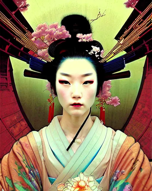 Prompt: 約 束 よ. cyberpunk geisha. beautiful detailed face. fantasy, regal, by kim keever, victo ngai, stanley artgerm lau, greg rutkowski, thomas kindkade, alphonse mucha, loish, norman rockwell