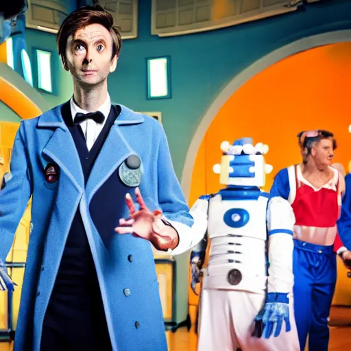 Prompt: promotional image of David Tennant as Doctor Who at a polka dancing contest at the YMCA basketball gym, around the gym cybermen and daleks and captain jack are clapping, in the background the Tardis door is wide open, frenetic, quirky, movie still, promotional image, imax 70 mm footage, HDR, cinematic