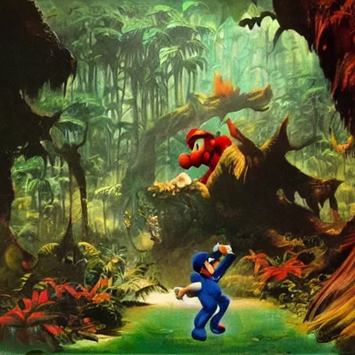 Prompt: super mario lost in mystic jungle , oil painting by frank frazetta
