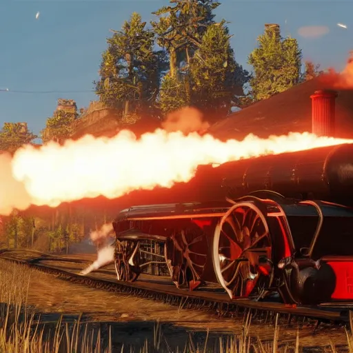 Image similar to futuristic sleek steam locomotive in red dead redemption 2