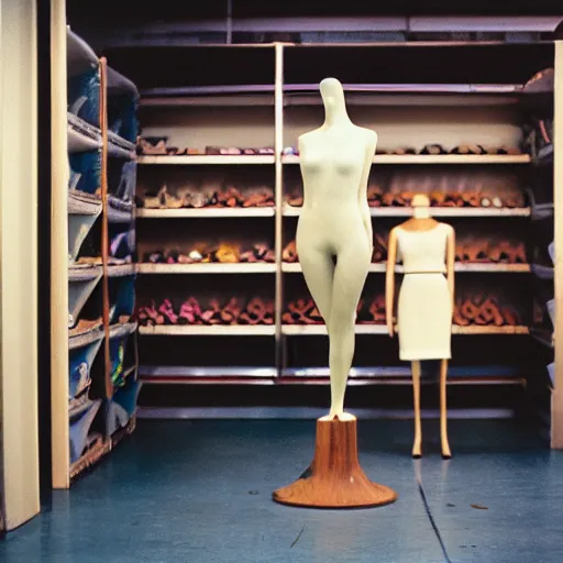 Image similar to empty retail backroom room with a lone surprised fashionable mannequin girlfriend in front of the camera cinestill 7 0's film liminal