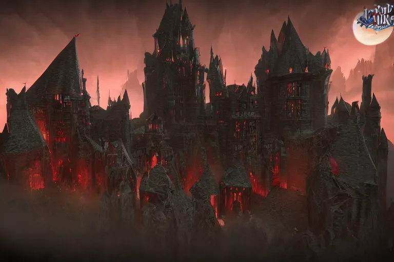 Image similar to big evil castle - city rock dark shadow elves, might and magic heroes vii, dark fantasy, shadows, artstation trending, unreal engine 5, red