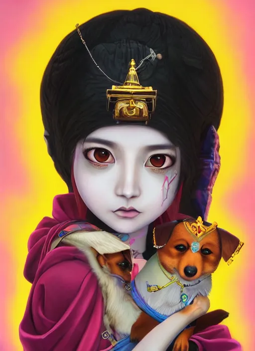 Prompt: beautiful portrait painting of a cute Buddhist lofi cyberpunk princess and her corgi assassin king, by Afarin Sajedi, Alessandro Barbucci, Alex Gross, Shin Jeongho, Shohei Otomo. trending on Artstation, 8k, masterpiece, face enhance, graffiti paint, fine detail, full of color, intricate detail, golden ratio illustration