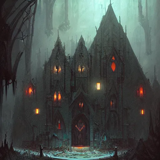 Prompt: a dark sinister vampire lair by Marc Simonetti