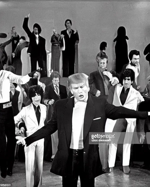 Image similar to donald altrump as orange suited tony manero in saturday night fever dancing at a funeral home with coffins, cinematic, 1 9 7 0 s style