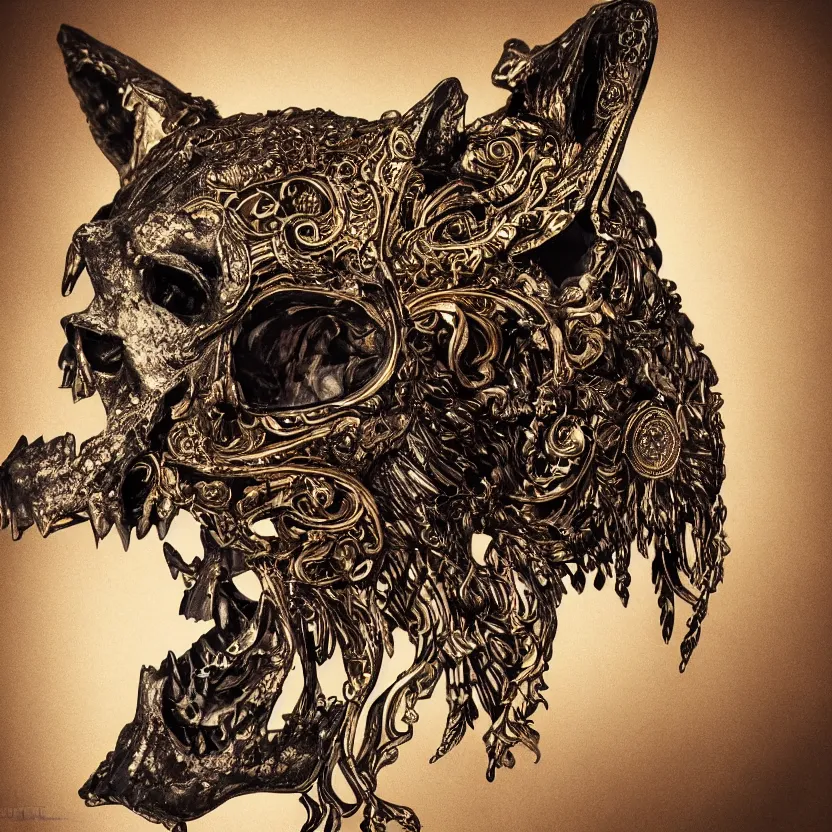 Image similar to photo portrait portrait of skull of wolf, lying on bones, dramatic lighting, golden ornaments, symmetric, intricate skeletal decorations, symmetry, highly detailed, concept art, black, red, white, gold layers, super moon, style of nekroxiii, hyperrealistic, dark background, smoke