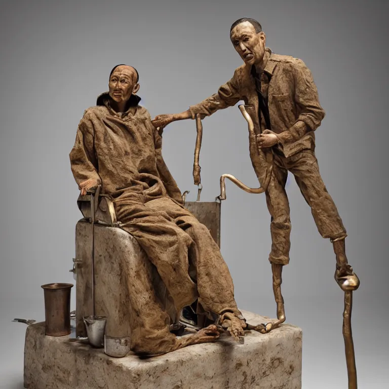 Image similar to hyperrealistic sculpture of a fossilized bronze male uyghur prisoner having surgery in a cage on a pedestal by ron mueck and duane hanson and lee bontecou and giacometti, hyperrealistic dramatic colored lighting trending on artstation 8 k