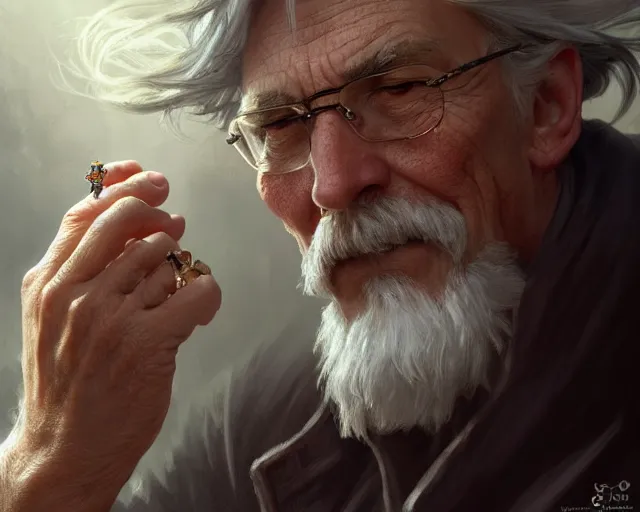 Image similar to old man wearing a ring on each finger, deep focus, d & d, fantasy, intricate, elegant, highly detailed, digital painting, artstation, concept art, matte, sharp focus, illustration, hearthstone, art by artgerm and greg rutkowski and alphonse mucha