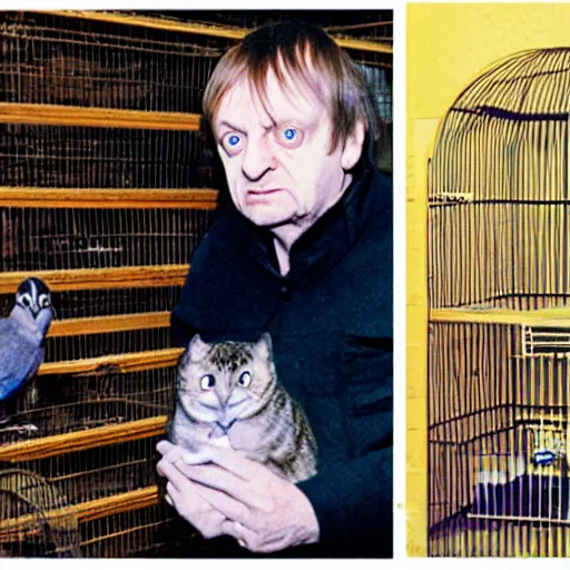 Prompt: mark e smith locked in a small bird cage on the shelf of a pet store