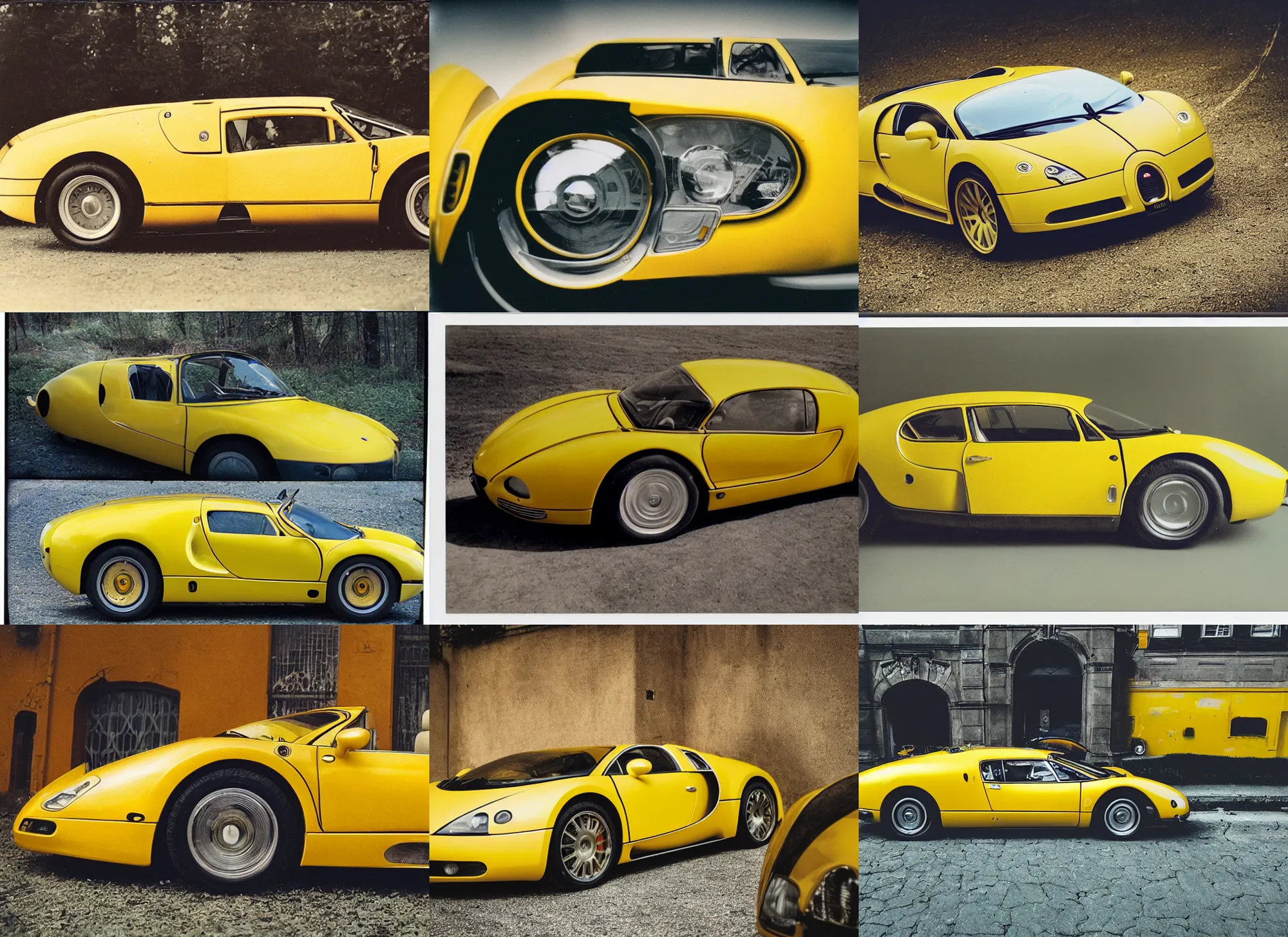 Prompt: old polaroid shots of a yellow bugatti