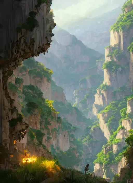 Image similar to medieval city built on terraces in a gigantic canyon, lots of buildings connected by hanging bridges, waterfalls, glow coming from amber veins in the ground, lush vegetation, pitchblack sky, extremly detailed digital painting, in the style makoto shinkai and atey ghailan, rim light, beautiful lighting, 8 k, stunning scene, raytracing, octane, trending on artstation