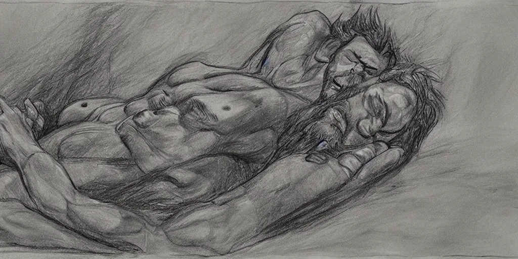 Prompt: beowulf resting in peace, drawing by david rubin