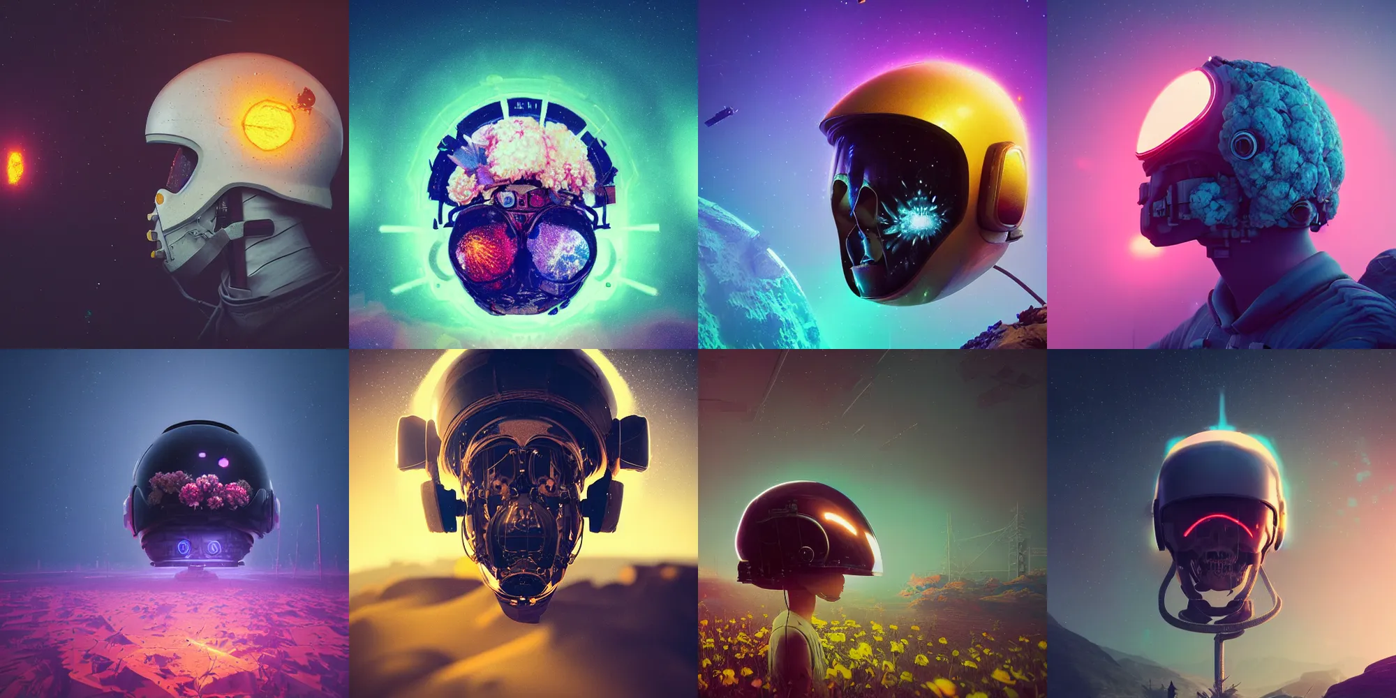 Prompt: beautiful dark landscape, astronaut cracked helmet skull head, beautiful flowers growing, in the style of beeple and mike winkelmann, intricate, epic lighting, cinematic composition, hyper realistic, 8 k resolution, unreal engine 5, raytracing, ultraviolet colors,