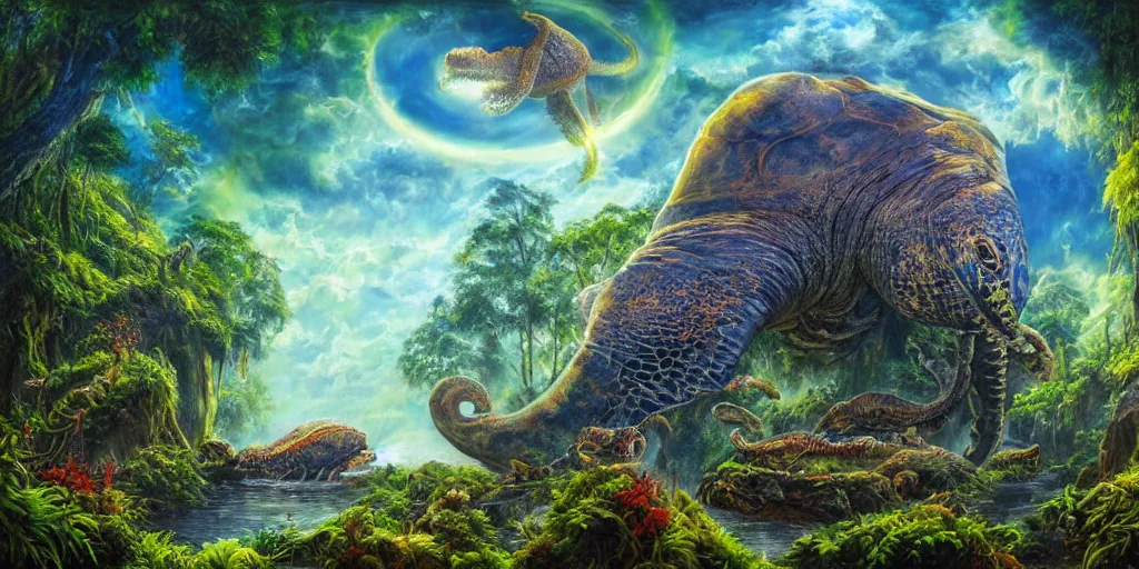 Prompt: fantasy oil painting, great leviathan, turtle cephalopod terrapin reptilian pachyderm amphibian hybrid, rainforest mountains, lush plants flowers, epic natural light, bright clouds, luminous sky, spacecraft, outer worlds, bright cinematic key lighting, michael cheval, michael whelan, vray, 8 k hd