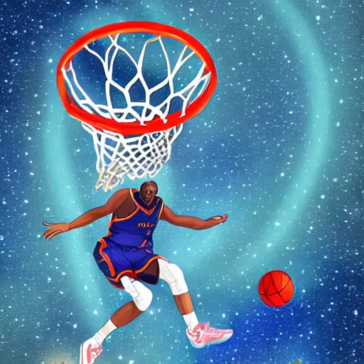 Prompt: A basketball player performing a slam dunk in the galaxy, digital art